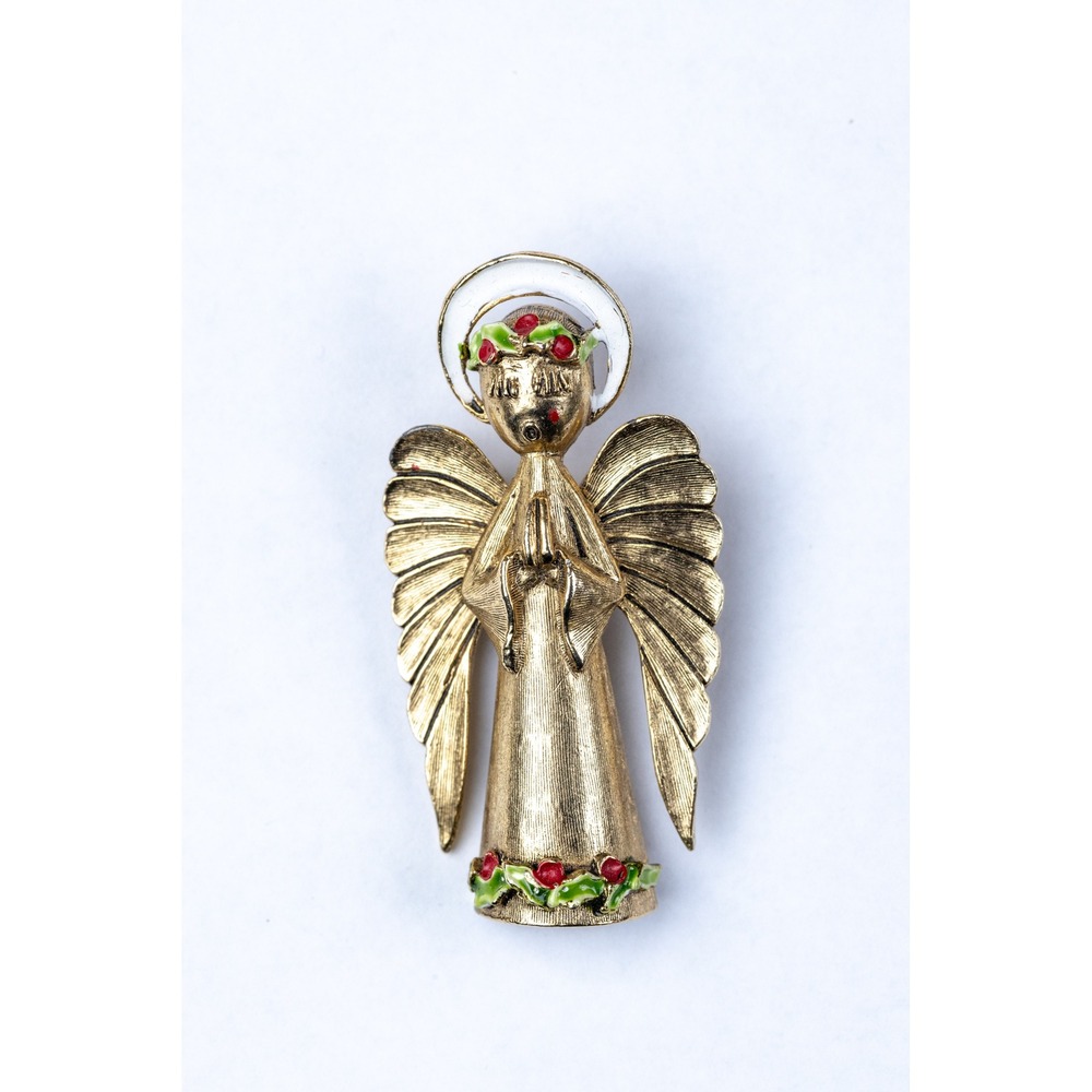 Vintage Art Christmas Angel Brooch Gold Tone Enamel Holly Singing Holiday Pin